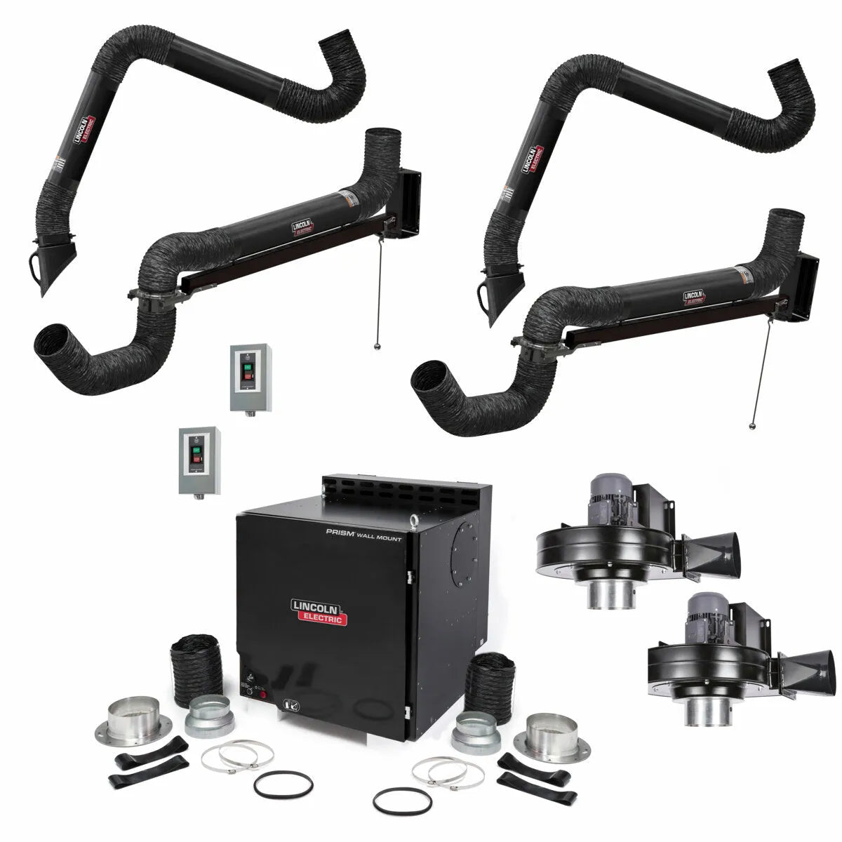 Image shows the Lincoln Prism Wall Mount Mechanized Cleaning One Pak (K4468-4) kit with dual 10 ft. black extraction arms, wall-mount control panels, self-cleaning filter unit, two fans, hoses, and mounting hardware.