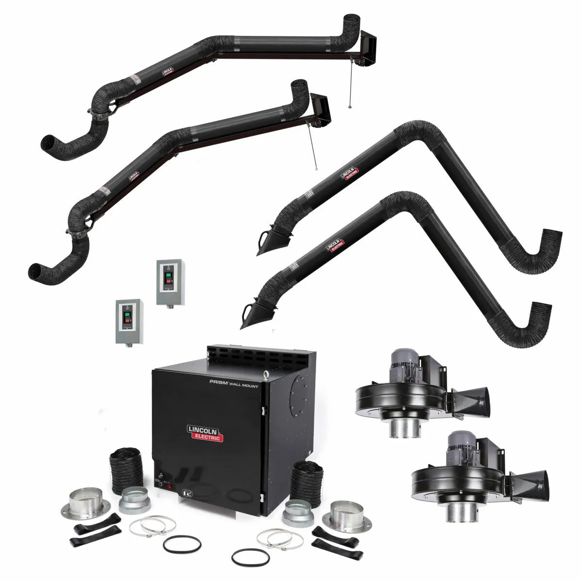 The Lincoln Prism Wall Mount Mechanized Cleaning One Pak (Starter K4468-12) features dual 13-ft arms, a 14-ft extension, black control box, flexible hoses, fan units, connectors, and clamps—designed for modular welding fume extraction.