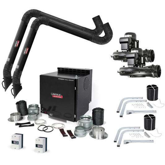 The image displays the Lincoln Prism Wall Mount Mechanized Cleaning One Pak, Starter K4468-11, with dual 13 ft. arms, self-cleaning filter, black hoses, metallic connectors, clamps, wall brackets, control boxes, and an electric motor assembly.