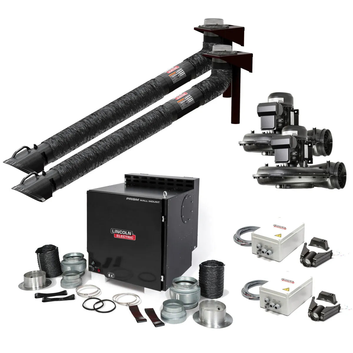 The Lincoln Prism Wall Mount Mechanized Cleaning One Pak (Arc Sensor K4468-16) features dual telescopic 5-8 ft. arms, a self-cleaning wall unit, metal ducts, clamps, nozzles, two gray blowers, and remote control boxes with switches and cables.