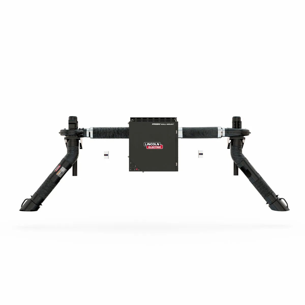 A black, rectangular Lincoln Prism Wall Mount Mechanized Cleaning One Pak (Starter K4468-14) with dual telescopic 5-8 ft. arms features a central control box, designed for welding fume extraction, shown against a plain white background.