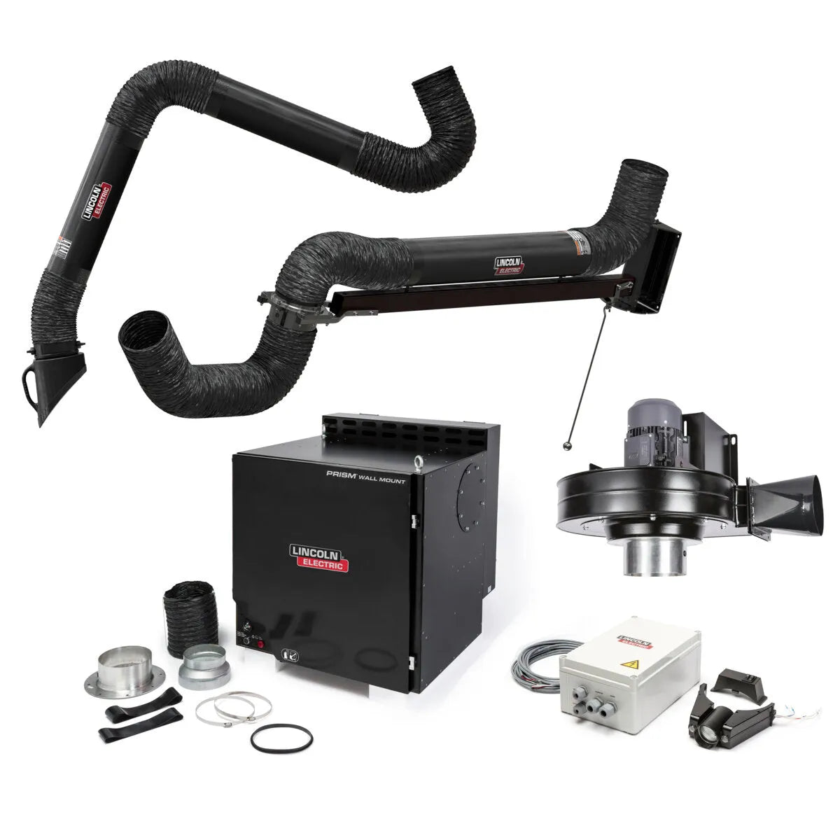 Lincoln Prism Wall Mount Fume Extractor K4468-6 with 10 ft. arm, 7 ft. extension, arc sensor, self-cleaning filter, hardware.