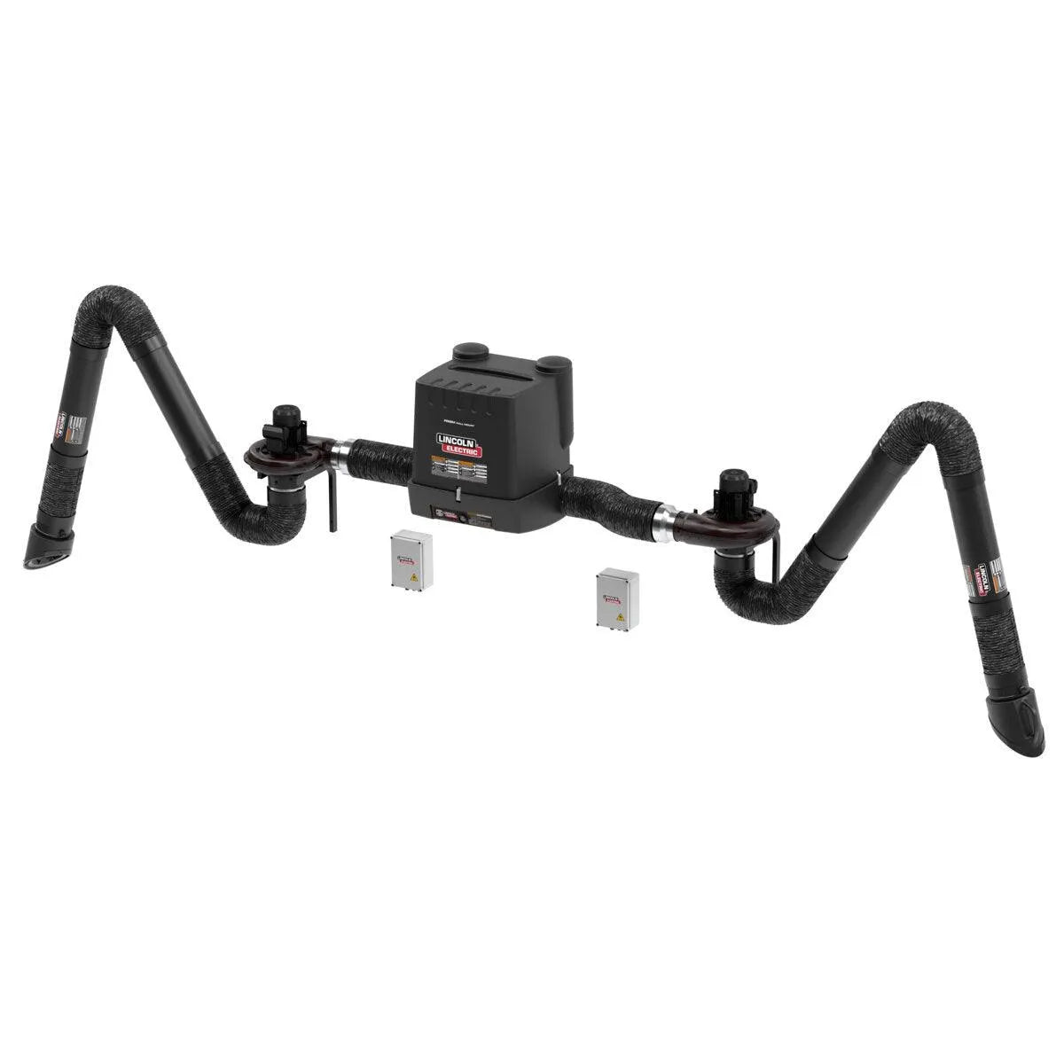 The Lincoln Prism Wall Mount One Pak MERV 14 features dual flexible 13 ft. arms in a zigzag shape, ideal for welding fume extraction, and includes wireless arc sensors (K4261-18) connected to a central control unit.