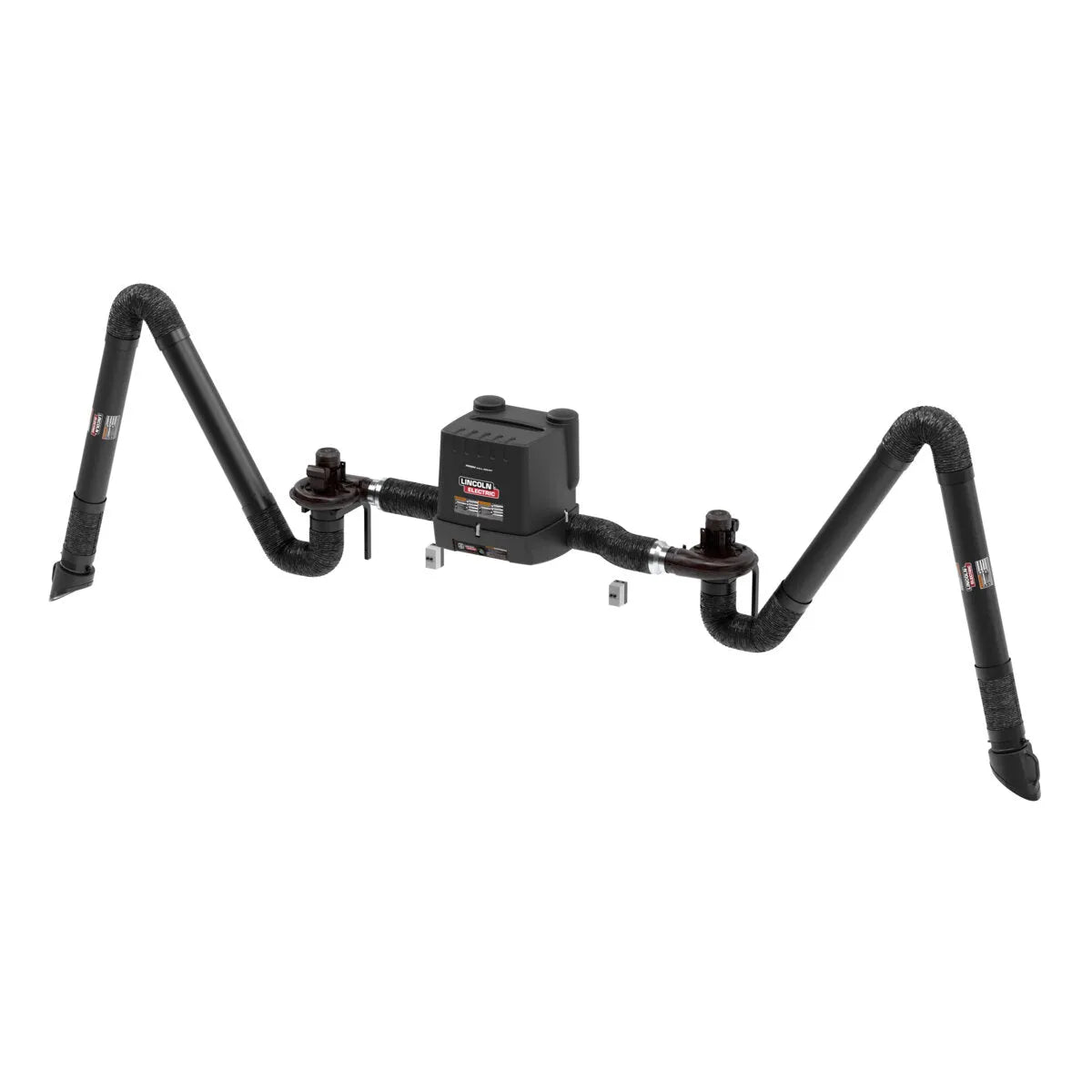 The Lincoln Prism Wall Mount One Pak MERV 14 (K4261-9) features a central black box with labels, two dual flexible 13 ft. insulated arms each with a nozzle and bent tip, and mounts securely to the wall on a metallic bracket for welding fume extraction.