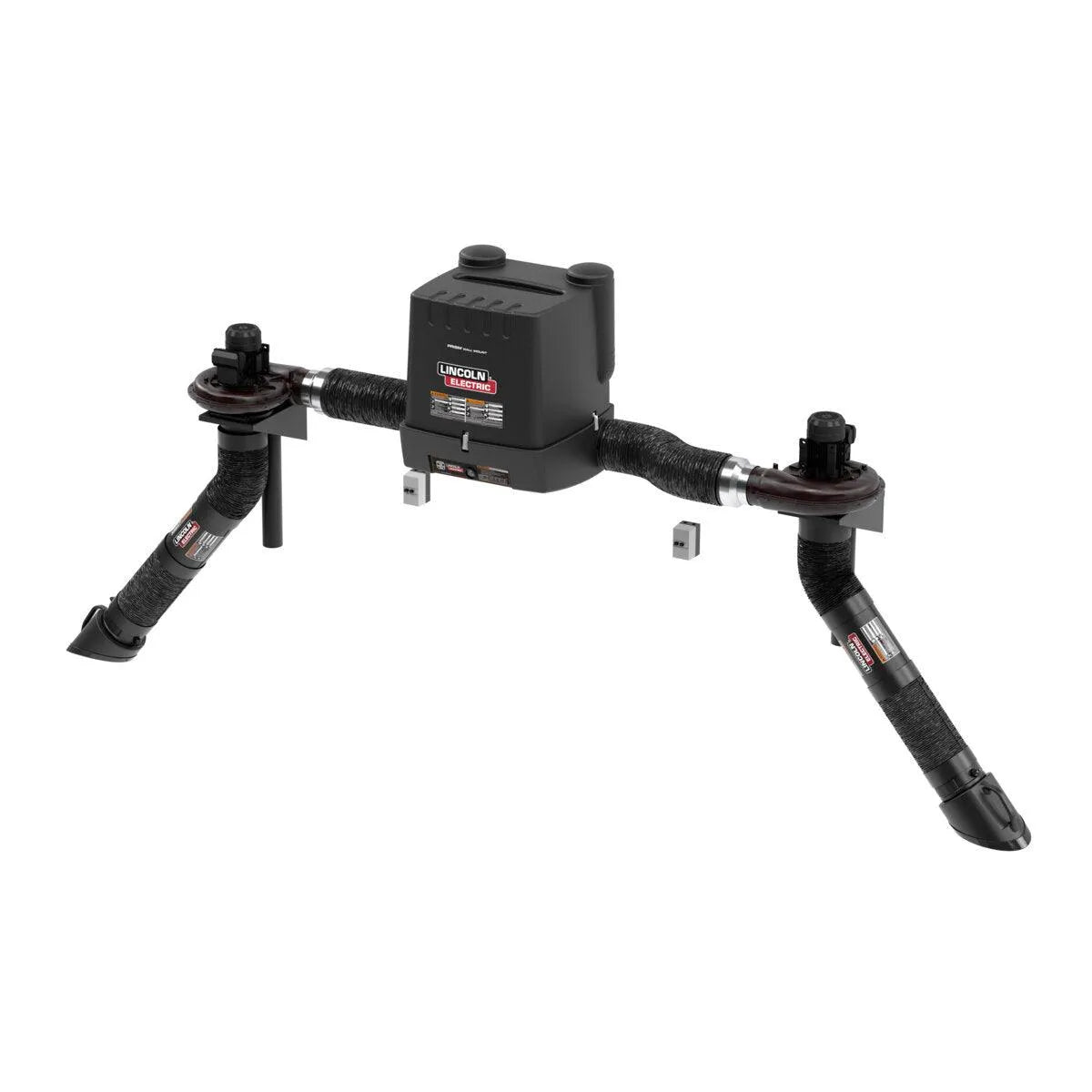 The Lincoln Prism Wall Mount One Pak MERV 14 (K4261-21) is a black, rectangular fume extractor with dual telescopic 5–8 ft. cylindrical arms ending in textured, rounded pads—ideal for automotive or mechanical tasks against a plain white background.