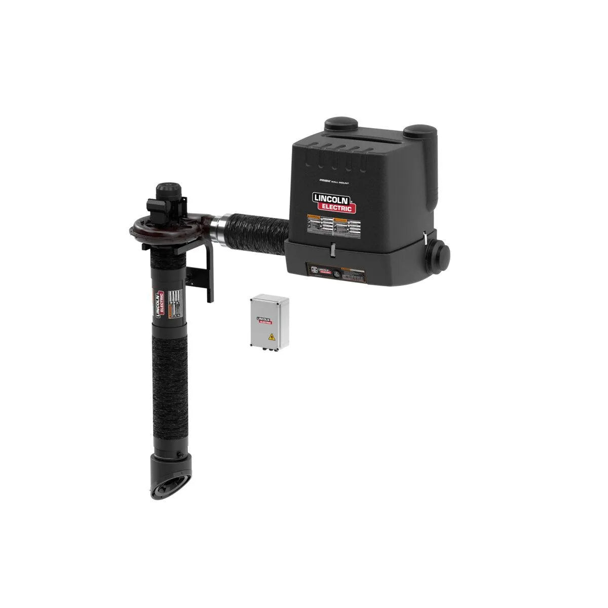 The Lincoln Prism Wall Mount One Pak MERV 14 features a single telescopic 4-6 ft. arm and a starter/overload unit (K4261-15), with prominent branding and warning labels, plus a wall-mount gray electrical component.