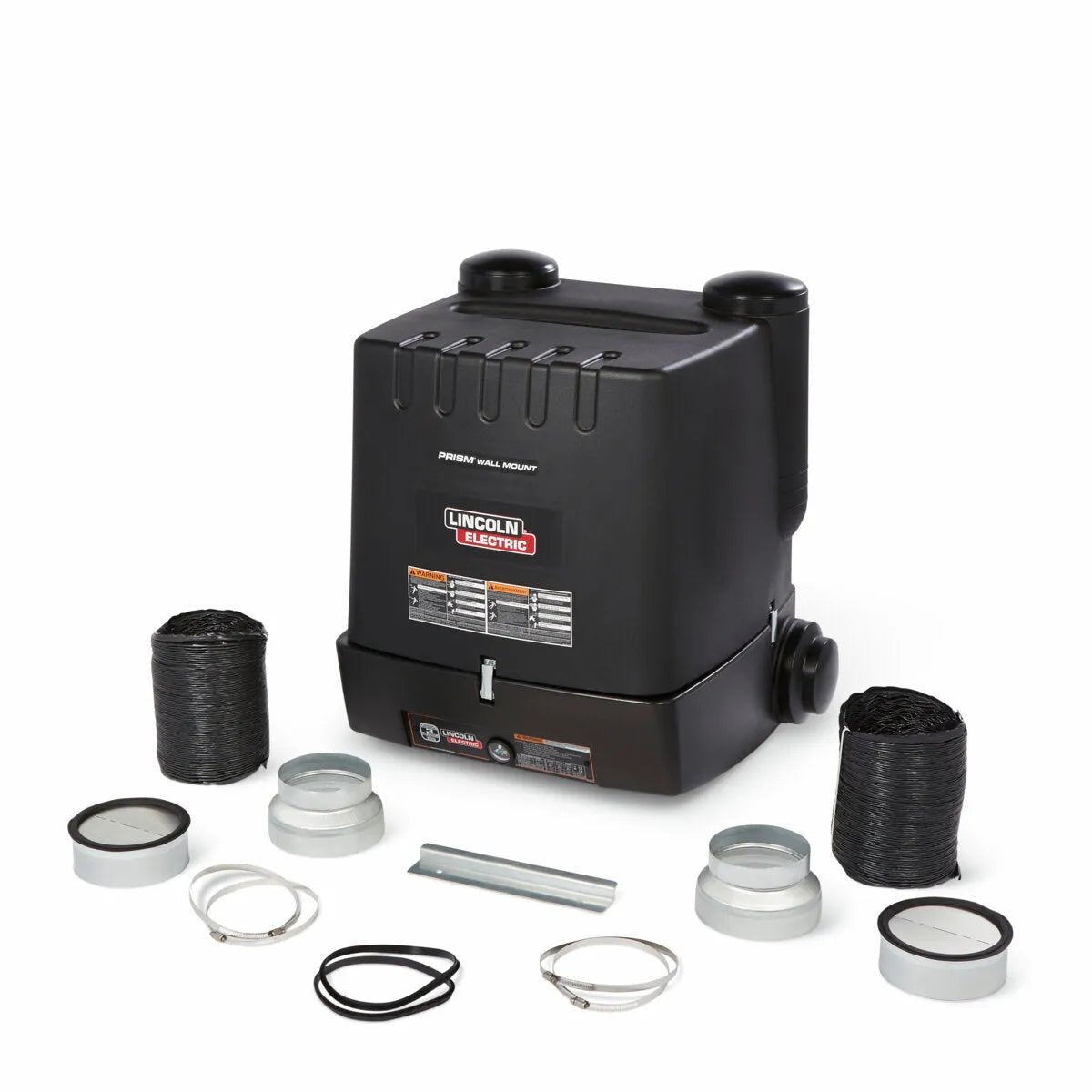 The Lincoln Prism Wall Mount w/ MERV 14 Dual Arm Welding Fume Extractor Base Unit (K1654-5) features a control panel, dual exhaust vents, and label. Circular ducts, clamps, hoses, and O-ring seals are included—perfect for wall-mounted fume extraction setups.