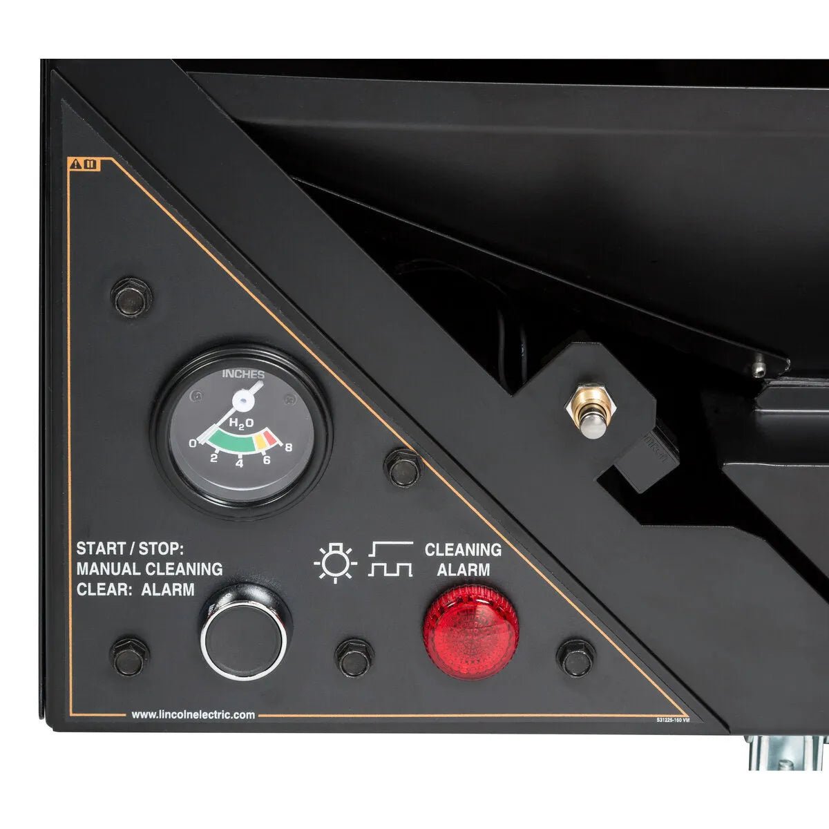 Close-up of the Lincoln Prism Wall Mount Dual Arm Base Unit K3681-2 control panel, featuring a round INCHES gauge, black knob, CLEANING ALARM light, and mechanized cleaning buttons on a black panel with gold and white details.