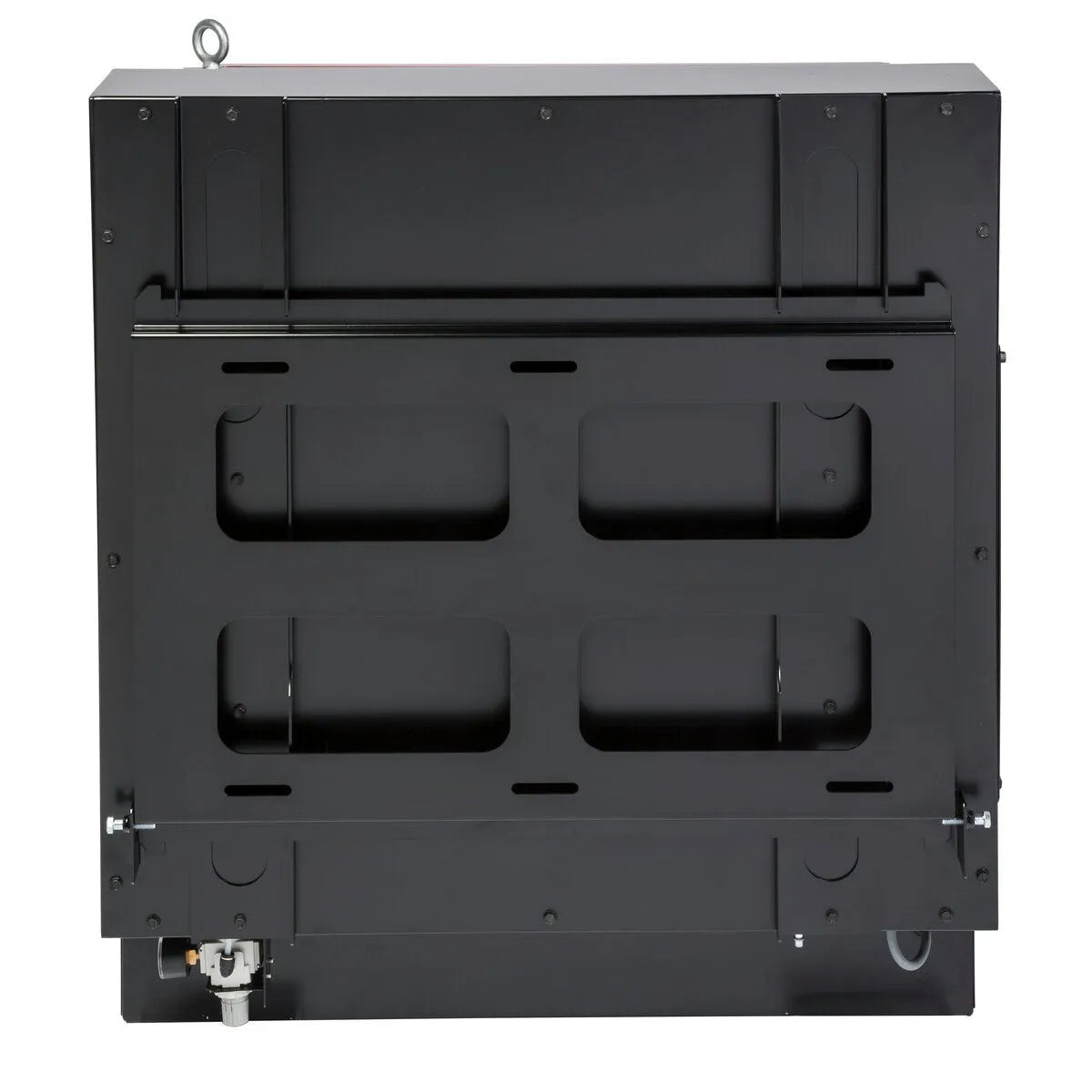 The Lincoln Prism Wall Mount with Mechanized Cleaning w/MERV 16 Filter Single Arm Base Unit K3681-1 features a black rectangular metal back panel with recessed sections, mounting slots, two horizontal rods, a gas valve at the lower left, and visible screws.