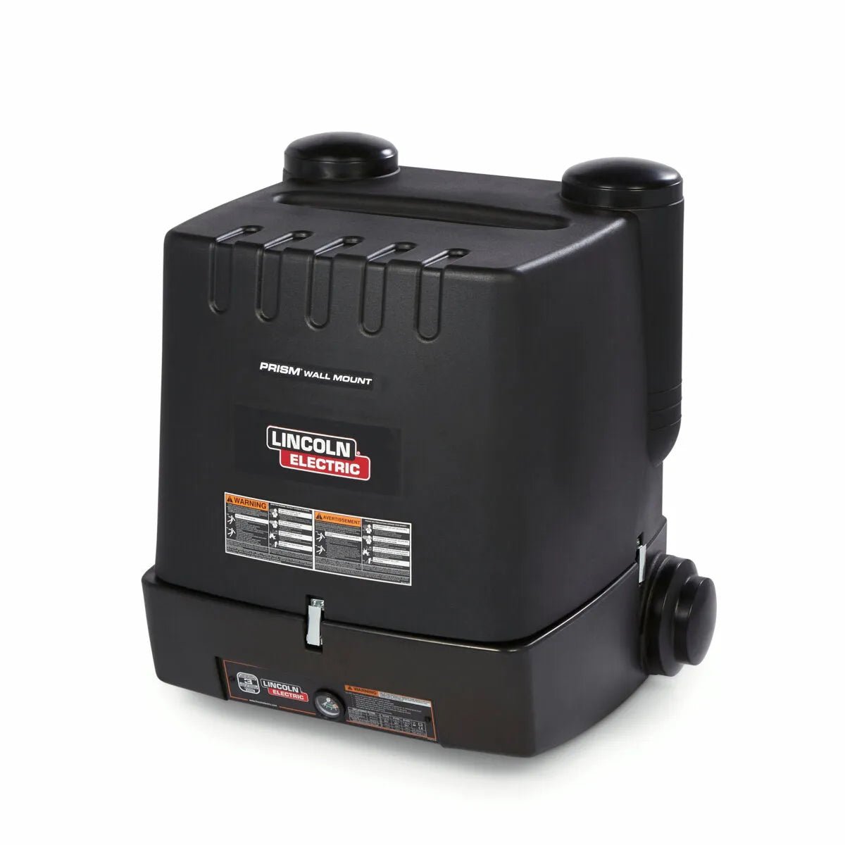 The Lincoln Prism Wall Mount w/MERV 14 Filter Single Arm Base Unit K1654-4 is a black, box-shaped fume extractor with rounded edges, a front control panel, two top vents, and side exhaust port for welding fume extraction and filtration.