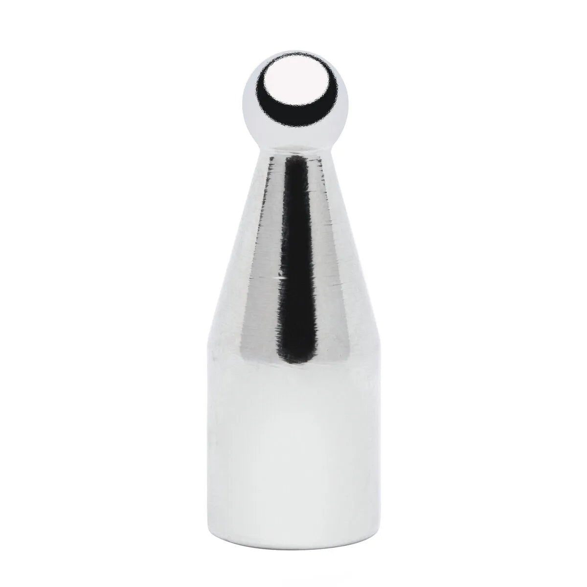 The Lincoln PT038 Tip 3/8 in (9.5 mm) Ball KP52052-1 features a smooth, cylindrical base tapering to a cone and is topped by a polished sphere. Its reflective surface hints at a stainless steel finish, suggesting durability and wear resistance.