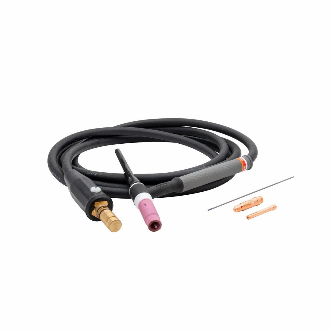 A Lincoln PTA-17 150amp TIG Torch K1782-17 with black cable, brass connector, and pink ceramic nozzle is coiled on a white background beside a tungsten electrode, copper collet body, two collets, and an orange gas lens.