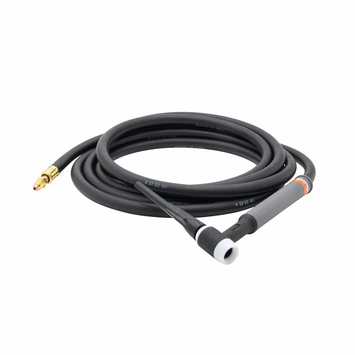 A black Lincoln PTA-17 TIG Torch with an attached flexible hose, featuring a white ceramic nozzle at the torch end and a brass connector at the opposite end, coiled neatly on a white background.