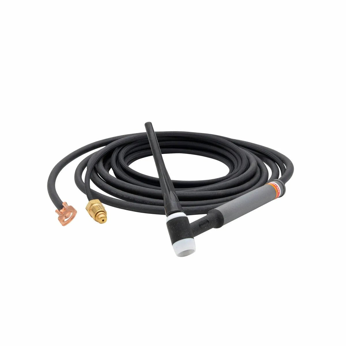 A black Lincoln PTA-17 TIG Torch with a long cable, featuring a gray handle, white tip, and brass connectors on one end, is coiled neatly on a white background. This air-cooled TIG torch is ideal for precision welding tasks.
