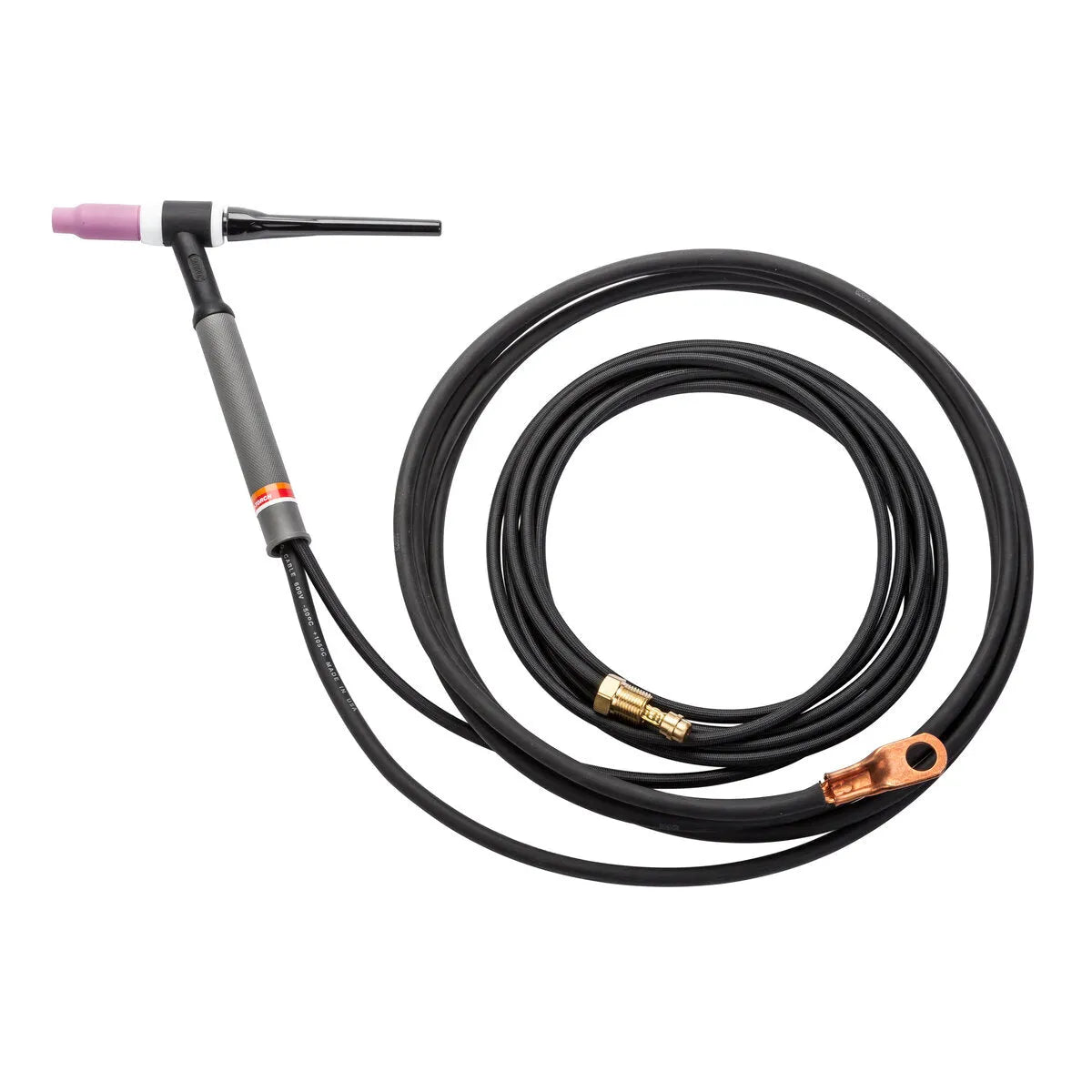A Pro-Torch TIG torch with a long black cable, featuring a pink ceramic nozzle at the tip and metal connectors at the ends of the cable, coiled neatly on a white background.