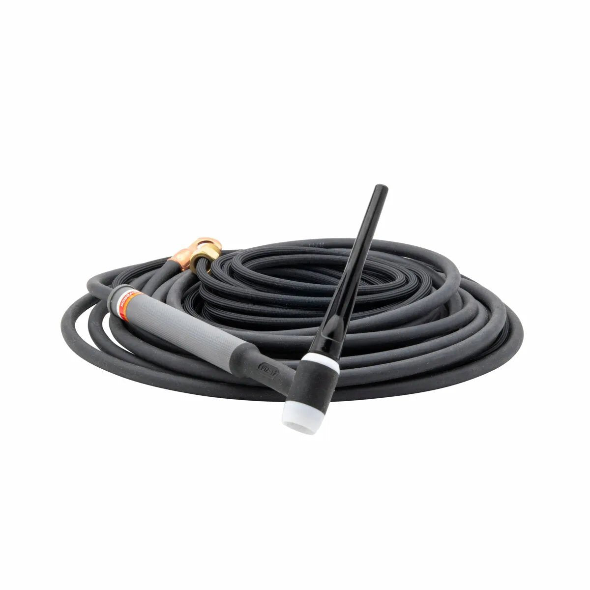 A coiled black air-cooled TIG torch with a gray handle and a long black cable, featuring a white ceramic nozzle at the end. Compatible with Pro-Torch TIG torches for precise welding applications.