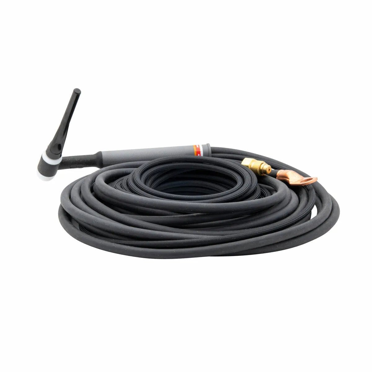 A coiled black air-cooled TIG torch with attached cables, a handle, a nozzle at one end, and copper connectors at the other end is displayed on a white background.