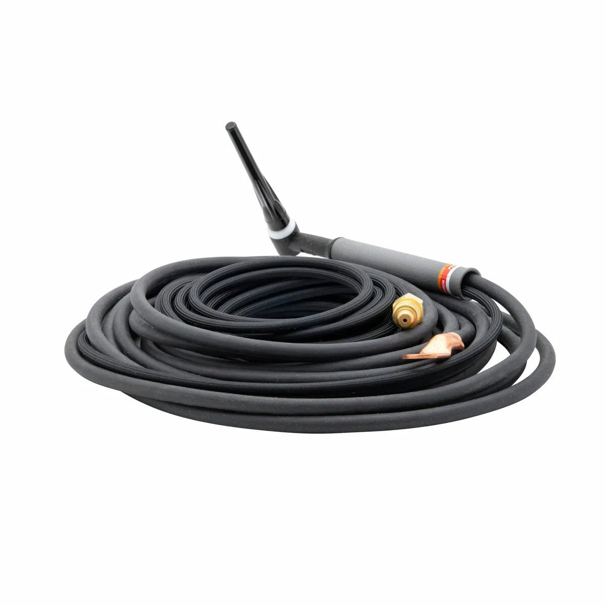 A coiled black Pro-Torch TIG torch with attached cable, brass connector, and copper clamp rests on a white background.