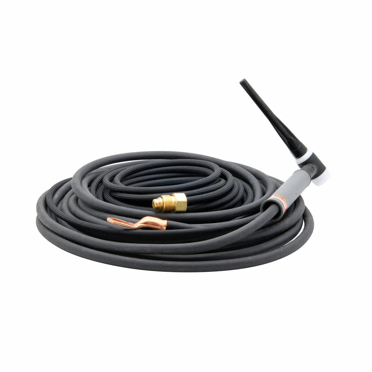 A coiled black Lincoln PTA-17 TIG Torch with an attached electrode holder, brass connector, and copper clamp, all set against a white background.