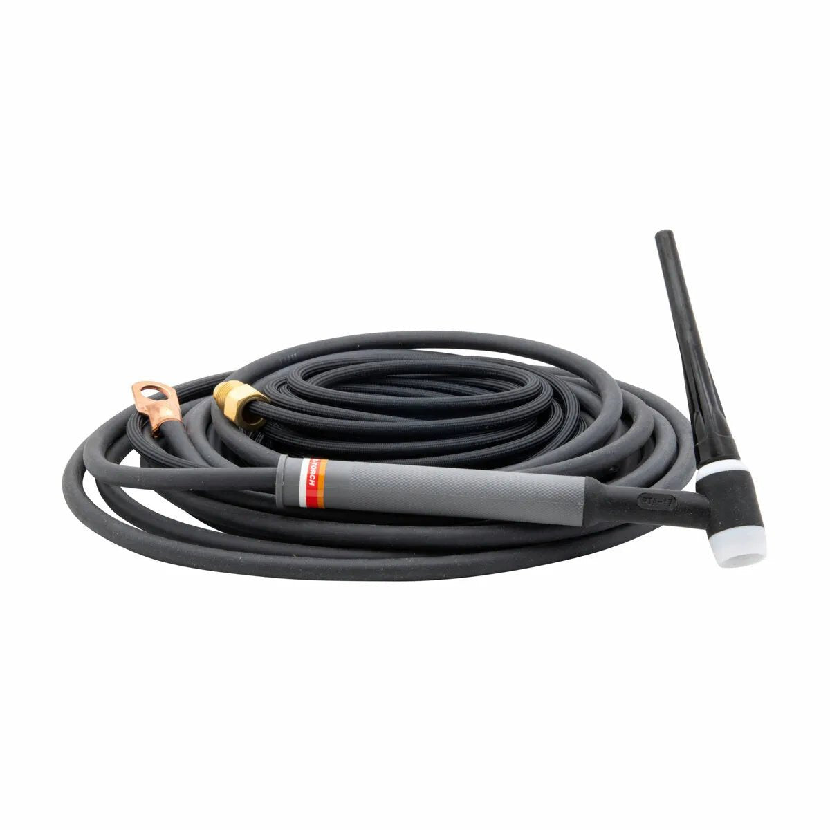 A coiled black welding cable with a gray electrode holder and a clamp attached, used for manual arc welding. Similar to an air-cooled TIG torch, the cable is laid out in a spiral with the components visible at both ends.