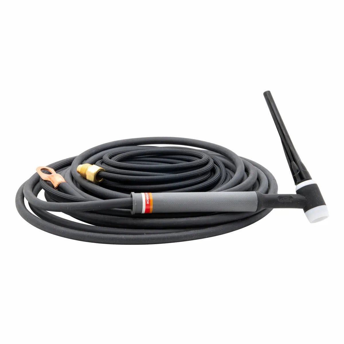 A coiled black Lincoln PTA-17 TIG Torch with a gray handle and attached cables, featuring connectors at one end and a white ceramic cup at the tip.
