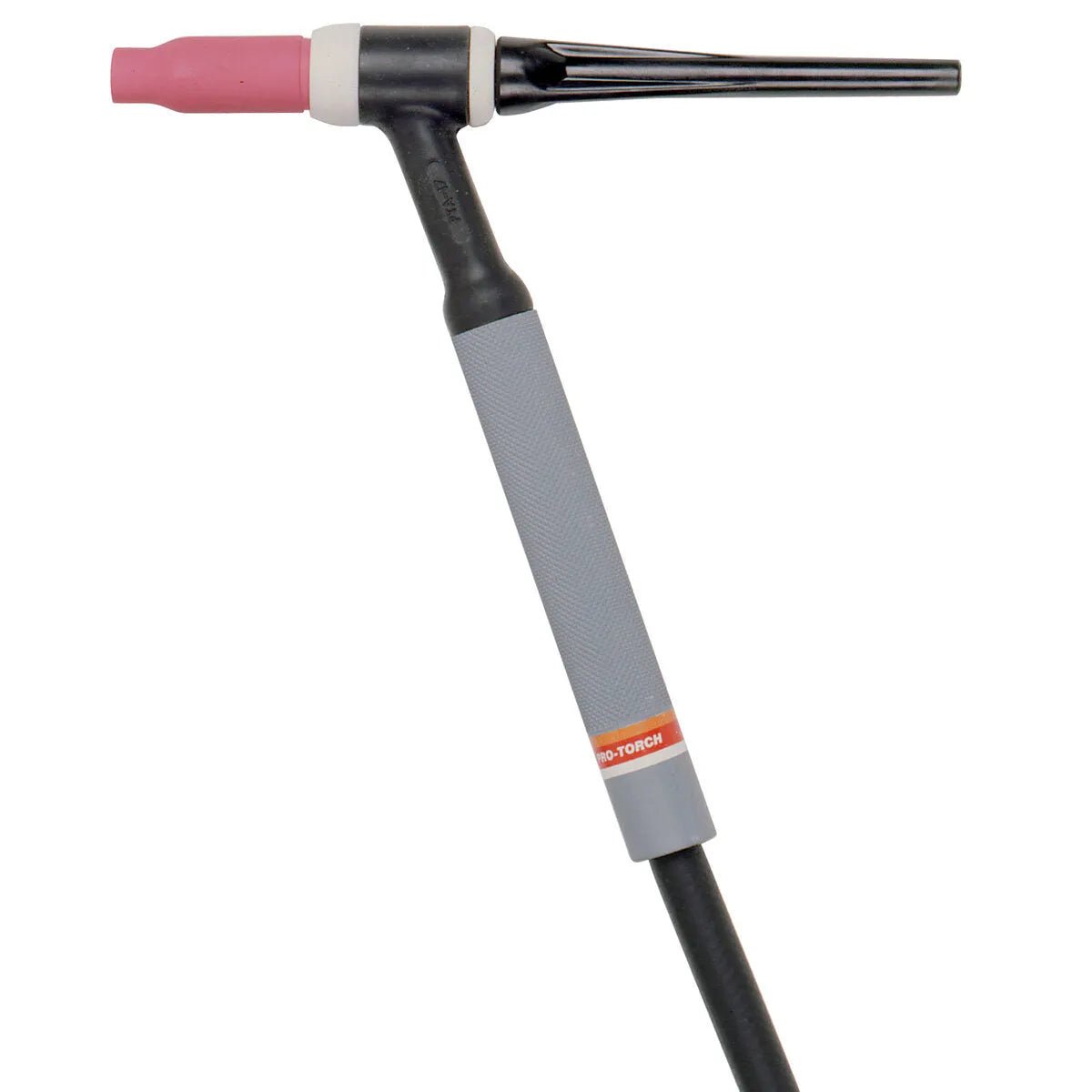 A Lincoln PTA-17 TIG Torch featuring a black handle, gray grip, pink ceramic nozzle, and an Ultra-Flex Cable extending from the bottom ensures both comfort and flexibility during welding tasks.