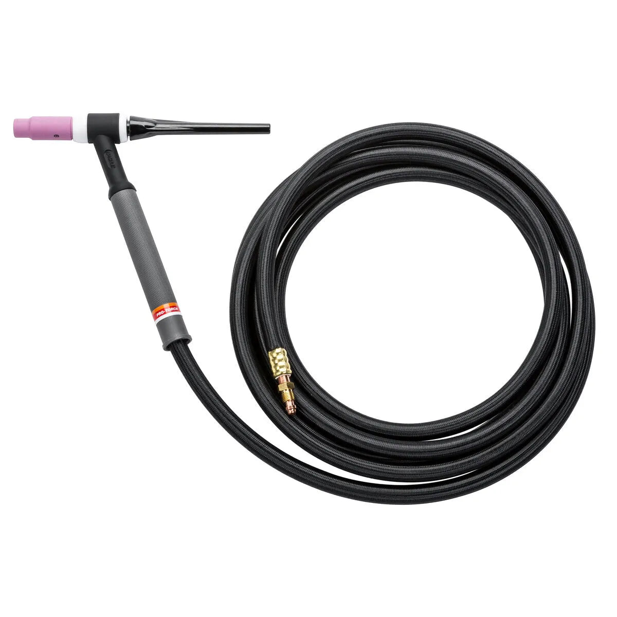 A Lincoln PTA-17 TIG Torch with an Ultra-Flex Cable coiled neatly, featuring a pink ceramic nozzle and a metal connector at the end of the cable.