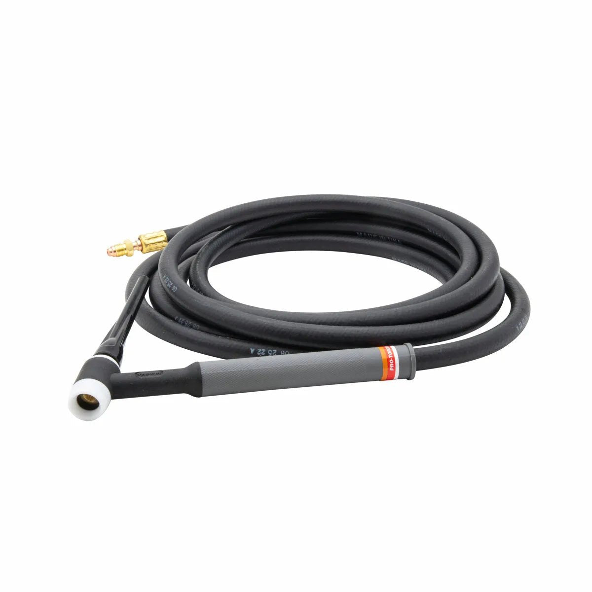 A black air-cooled TIG torch with a long, coiled hose and a brass connector, featuring a gray handle, white ceramic nozzle, and a flexible head for precise welding.