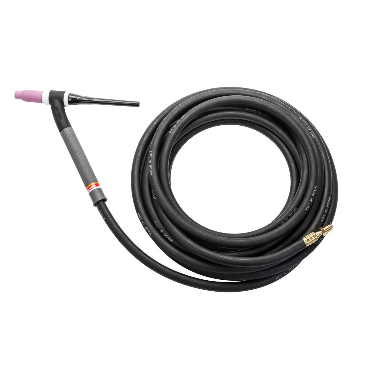 A black flexible head TIG torch with a purple tip is attached to a long, coiled black hose with a brass connector. The torch handle features a gray grip and a red band near the top.