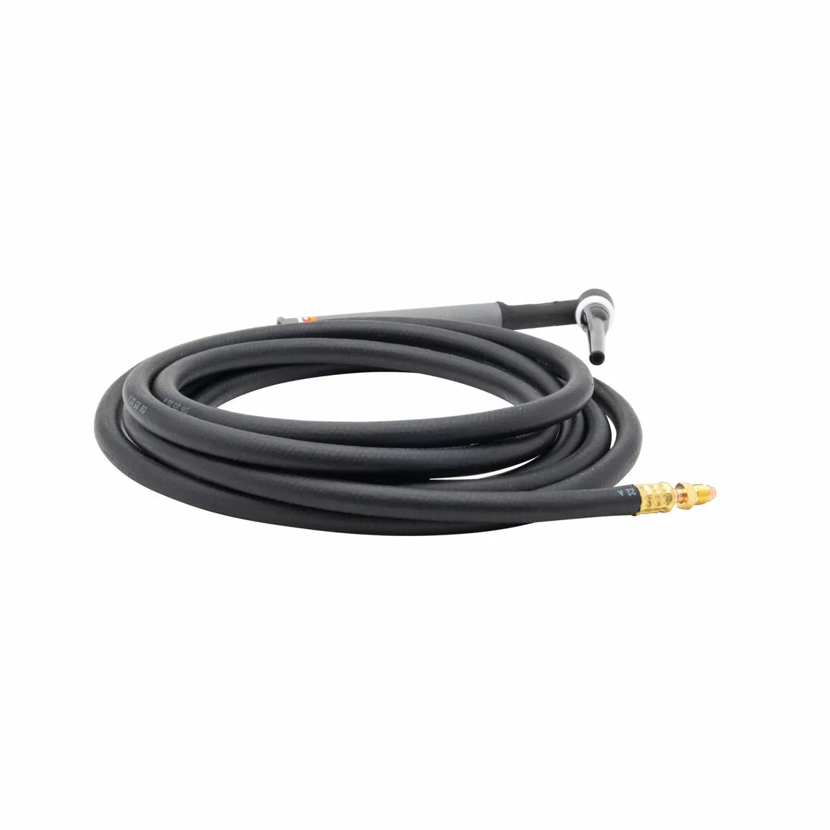 A coiled black Lincoln PTA-17F TIG Torch hose with metal connectors on both ends, one end featuring a gold-colored fitting and the other a silver torch head, displayed on a white background.
