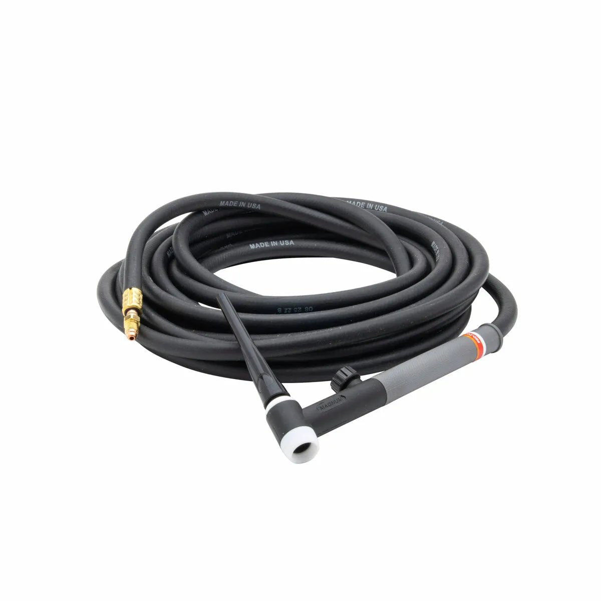 A black Lincoln PTA-17FV TIG Torch with a long flexible hose coiled neatly, featuring a grey handle and metallic connectors at one end, is placed on a white background.
