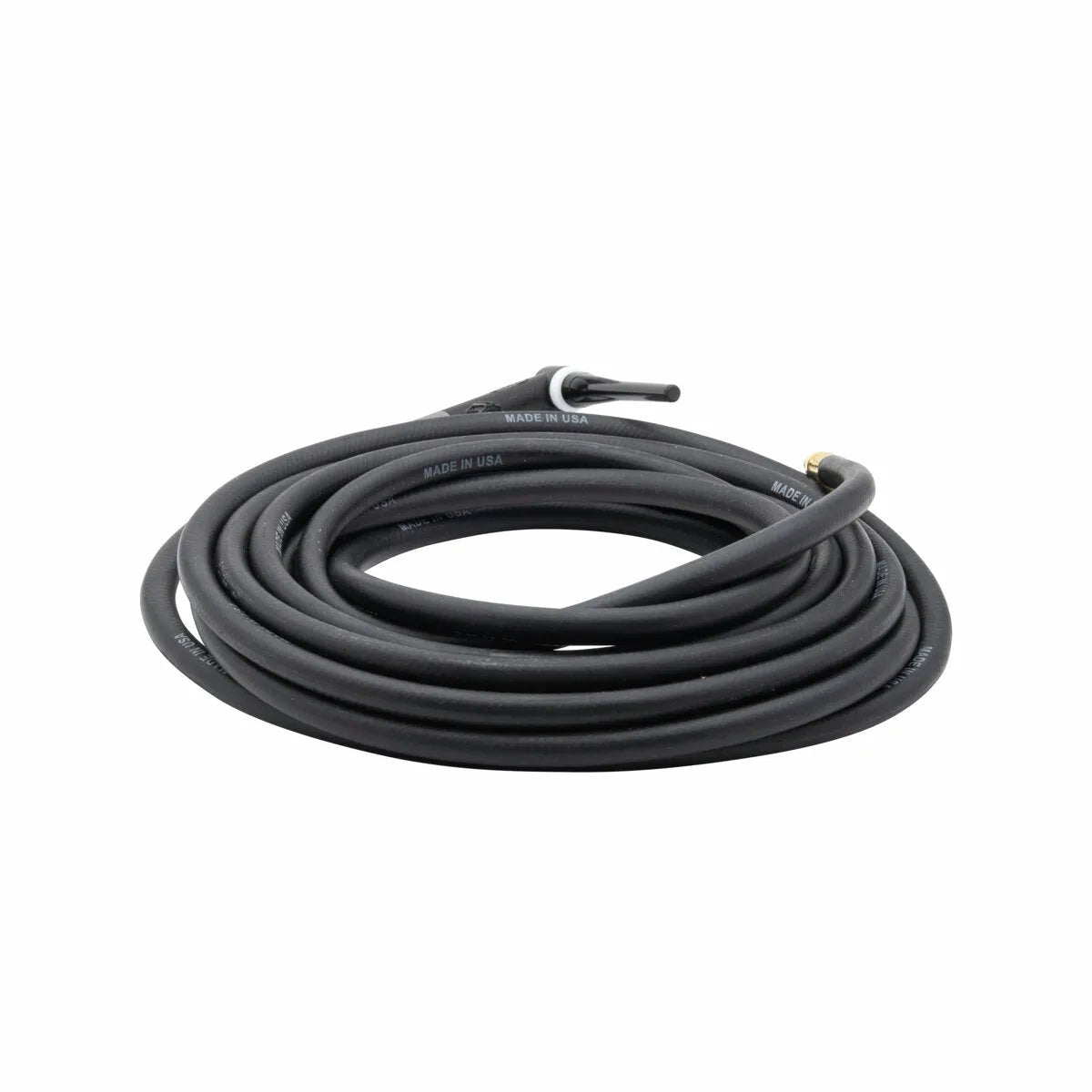 A coiled black rubber hose with metal fittings on both ends, designed for use with Lincoln PTA-17FV TIG Torch air-cooled TIG torches, placed on a white background.