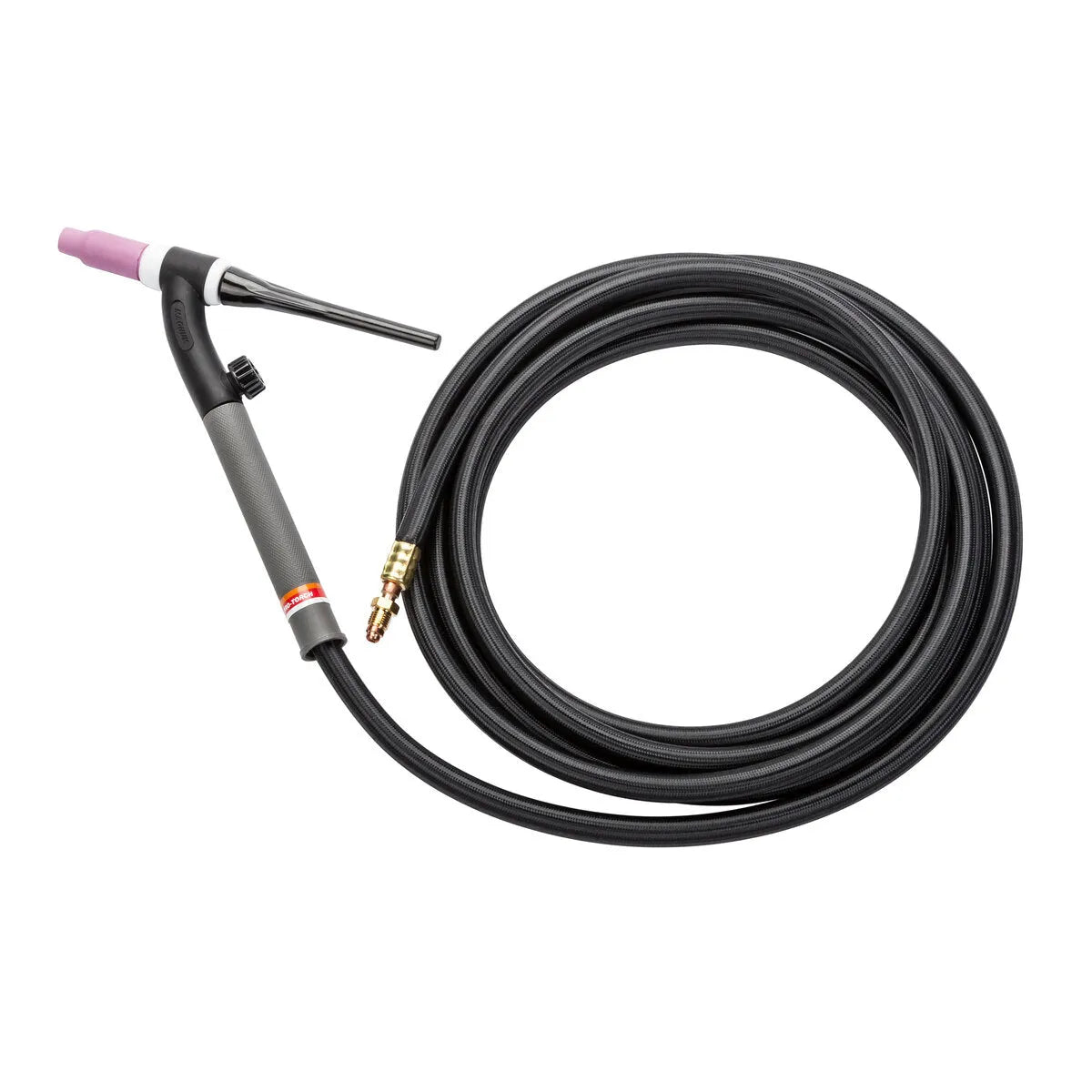 A black flexible TIG torch with a long, coiled hose attached, featuring a pink ceramic nozzle and a brass connector at the end of the hose.