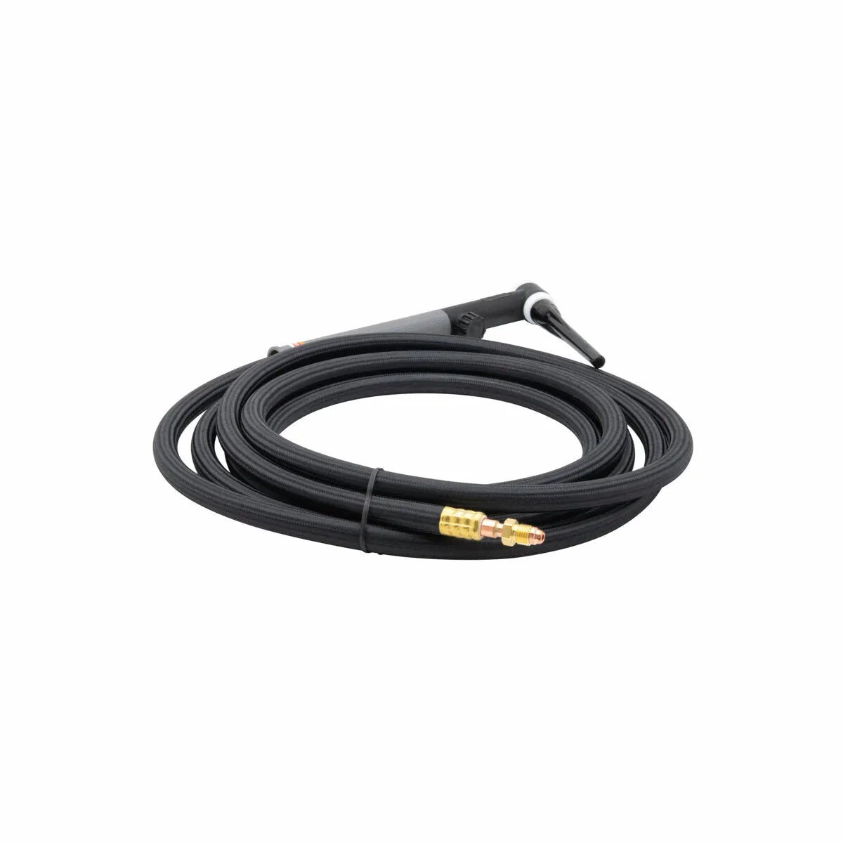 A coiled black flexible TIG torch hose with a handle on one end and a brass connector on the other, displayed on a white background.