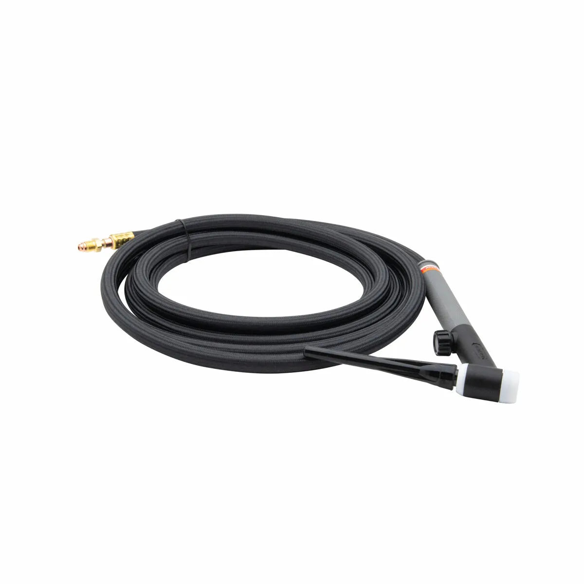 A black flexible TIG torch with a long, coiled cable and brass connector, shown on a plain white background.
