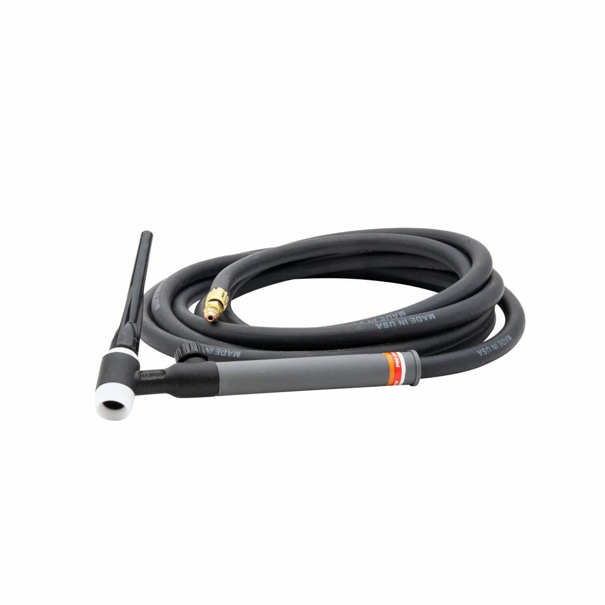 A black Pro-Torch TIG torch with a flexible cable, angled torch head, and a connector at the end, coiled neatly on a white background.