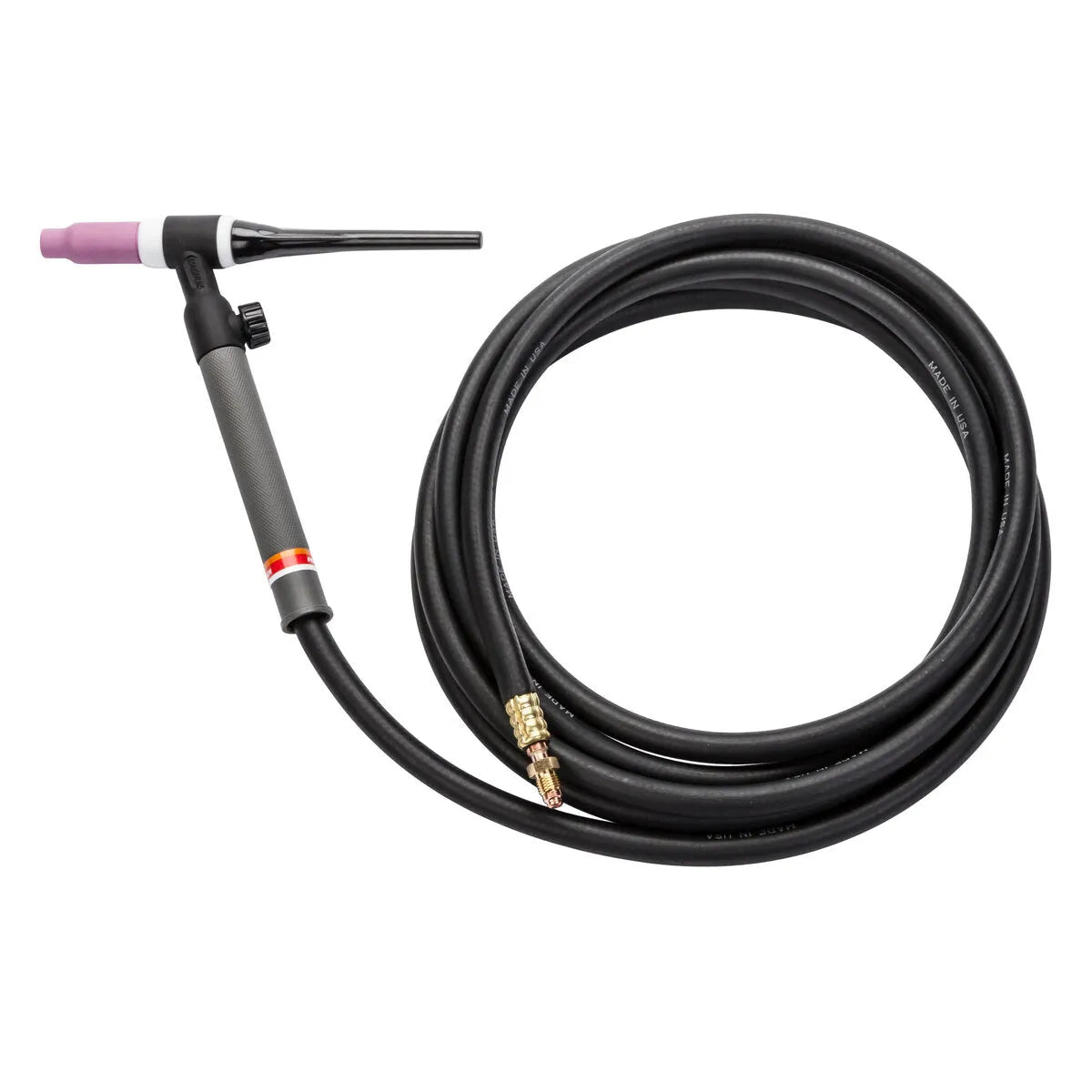 A Lincoln PTA-17V TIG Torch with a long black hose, pink ceramic nozzle at the tip, and brass connector at the end of the hose, coiled neatly on a white background—an air-cooled TIG torch from the Pro-Torch TIG torches series.