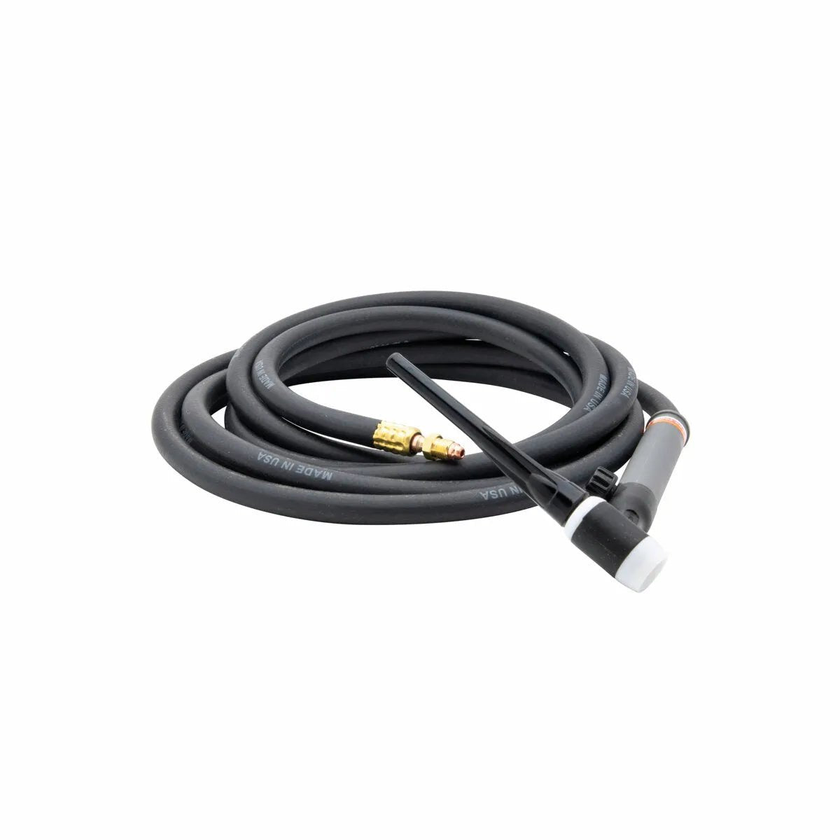 A coiled black air-cooled TIG torch with a white ceramic nozzle, brass connections, and an attached black cable, displayed on a white background.