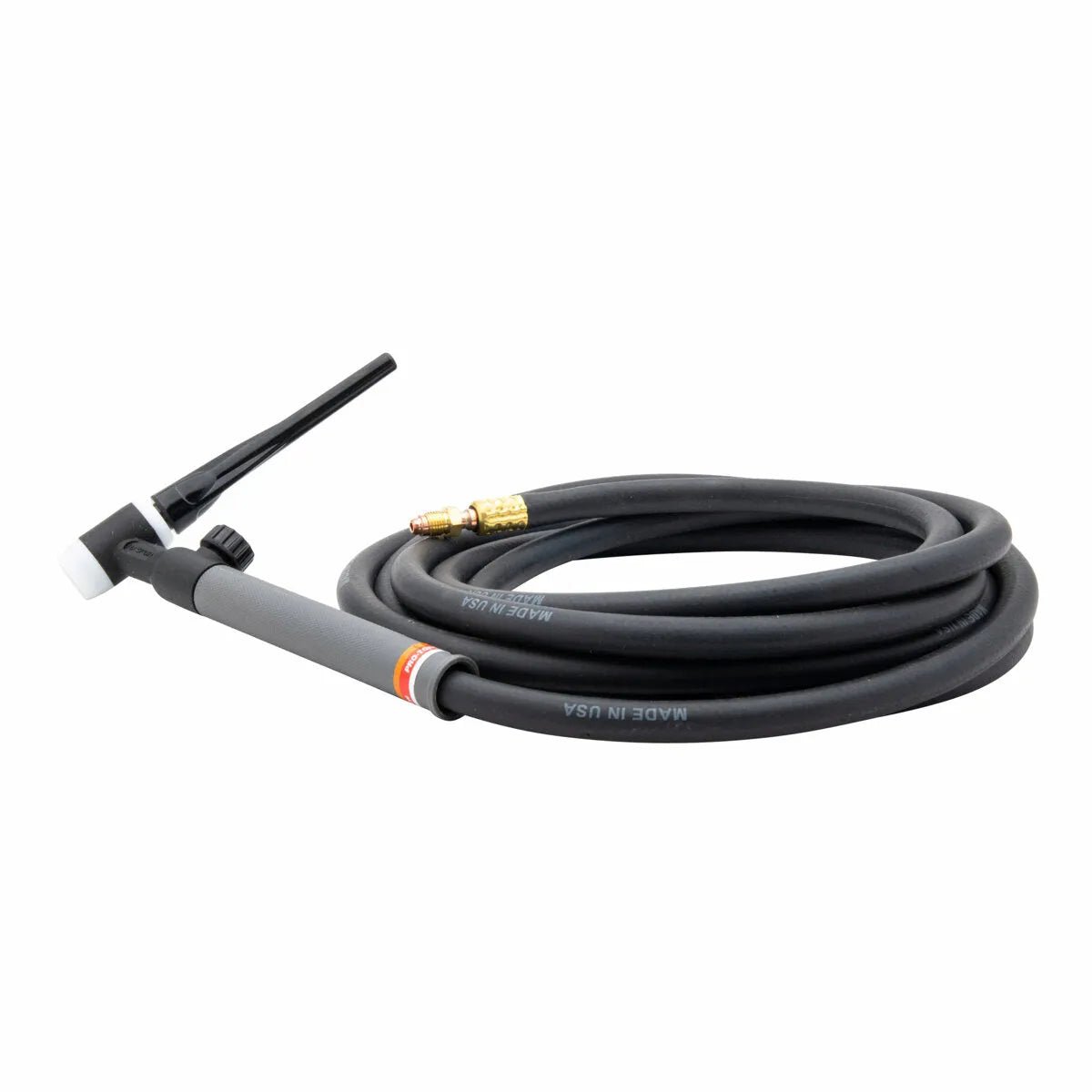 A coiled black Lincoln PTA-17V TIG Torch with attached hose, featuring a gray handle, white ceramic nozzle, and brass connectors—an air-cooled TIG torch ideal for precision welding.