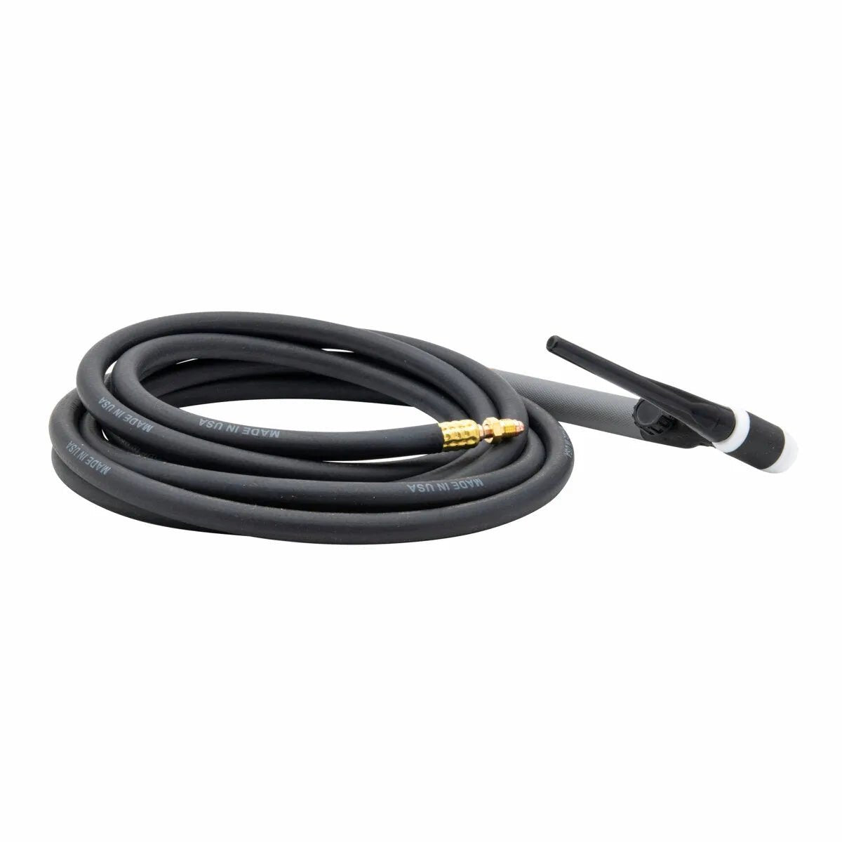 A coiled black rubber hose with a brass connector and a black nozzle handle attached at one end, designed for use with air-cooled TIG torch setups like the Lincoln PTA-17V TIG Torch.