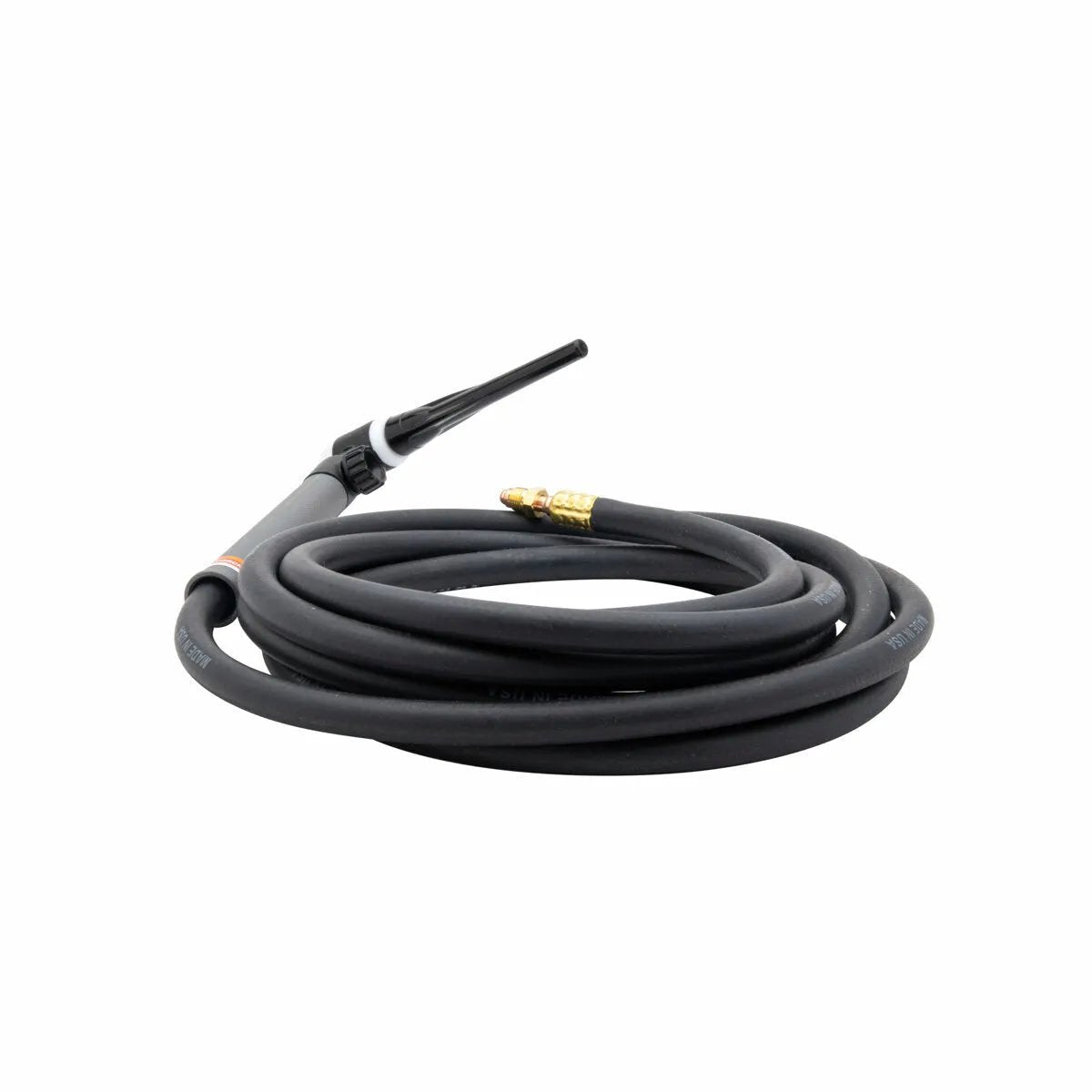 A coiled black air-cooled TIG torch cable with a handle on one end and a brass connector on the other, compatible with Lincoln PTA-17V TIG Torch, shown against a white background.