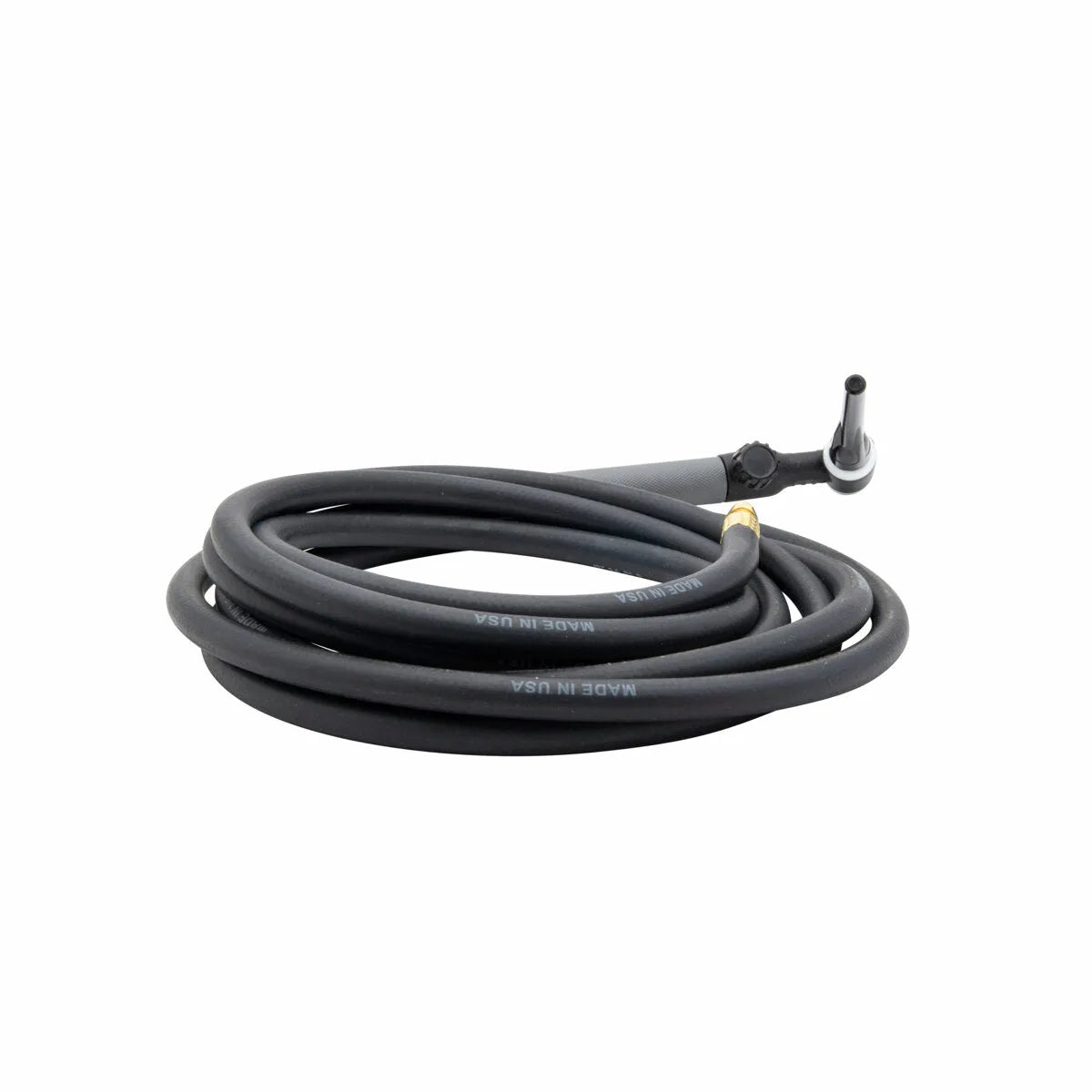 A coiled black rubber air hose with a brass connector and a metal clip-on air chuck at one end, ideal for use with an air-cooled TIG torch or Pro-Torch TIG torches, isolated on a white background.