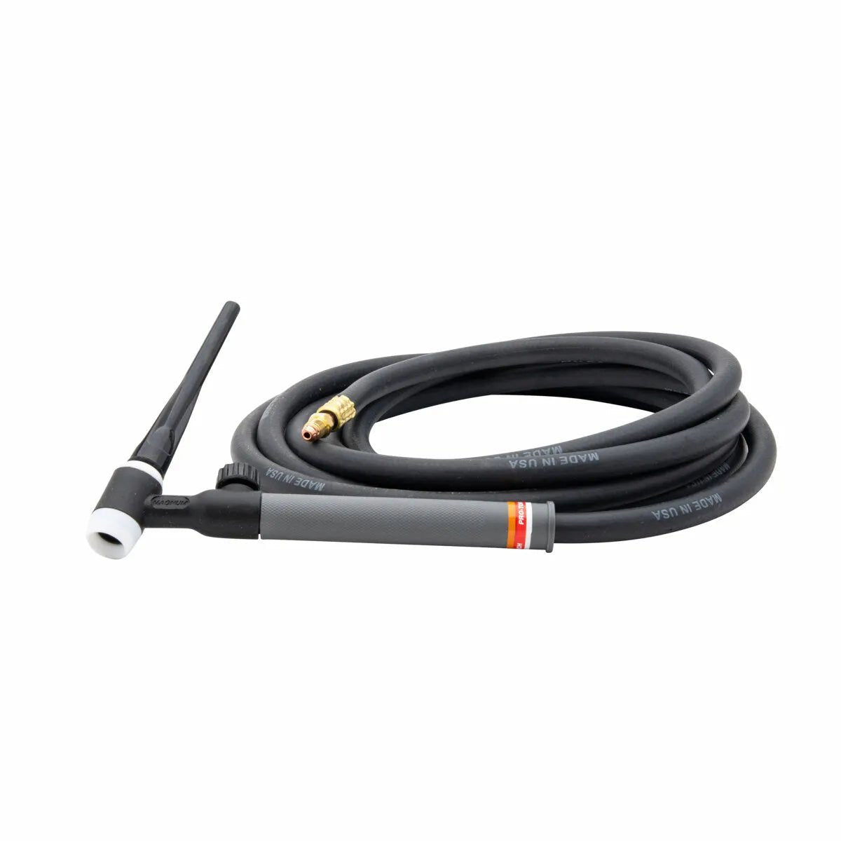 A black air-cooled TIG torch with a long coiled black cable, gray handle, white ceramic nozzle, and brass connector is displayed on a white background—compatible with Lincoln PTA-17V TIG Torch and similar Pro-Torch TIG torches.