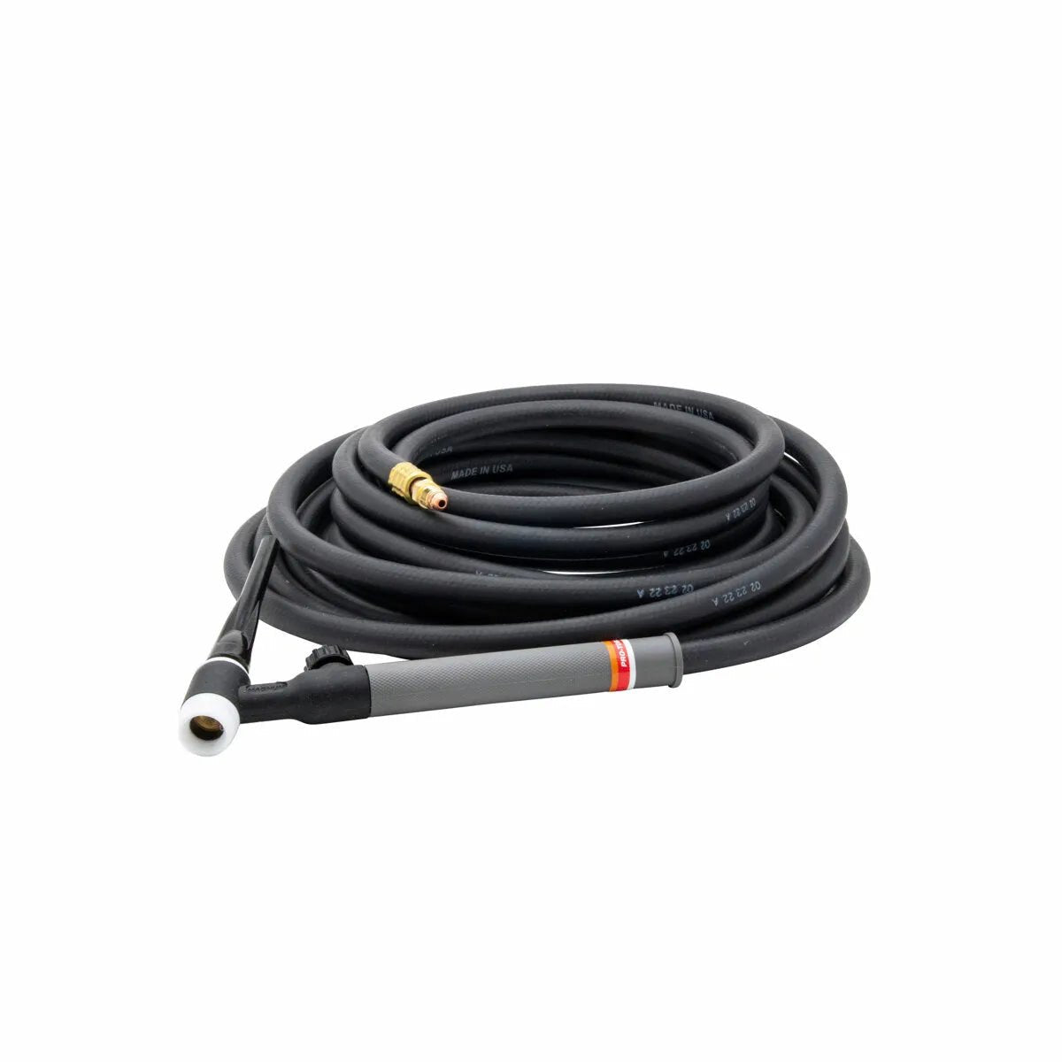 A coiled black air-cooled TIG torch with a gray handle and brass connector, similar to the Lincoln PTA-17V TIG Torch, is placed on a white background.