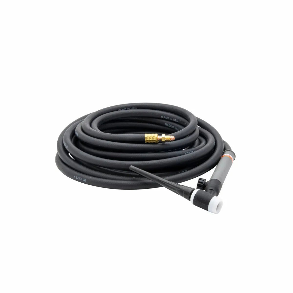 A coiled black welding torch hose with a gray and black air-cooled TIG torch handle attached at one end and a brass connector at the other, displayed on a white background.