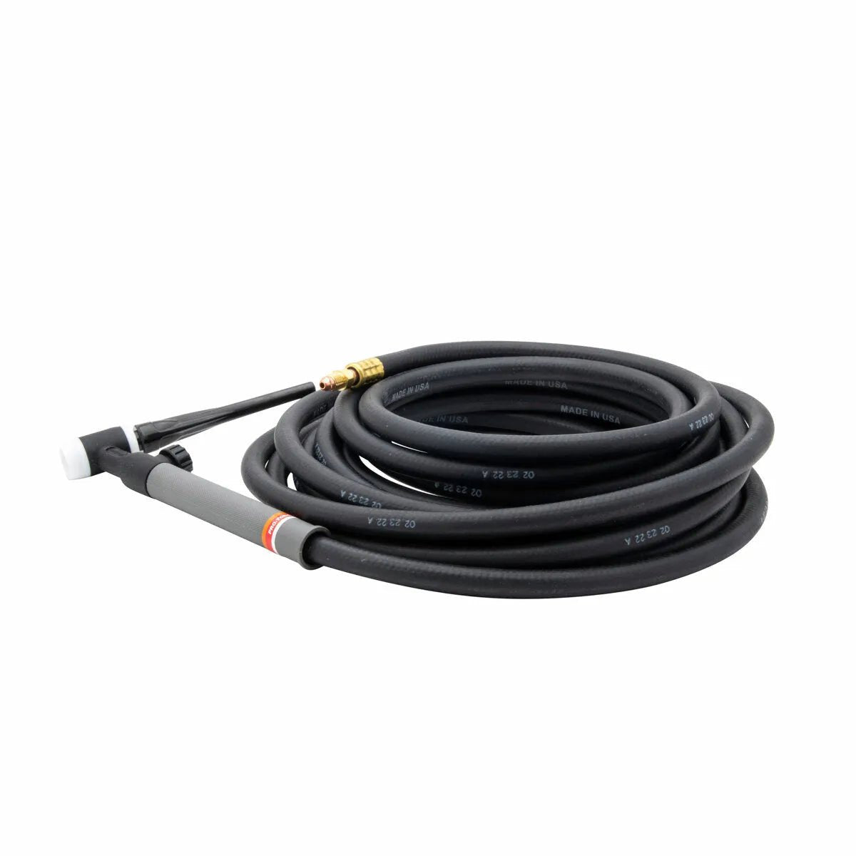 A black air-cooled TIG torch with a coiled hose, featuring a brass connector and a white ceramic tip, displayed on a white background—compatible with Pro-Torch TIG torches like the Lincoln PTA-17V TIG Torch.