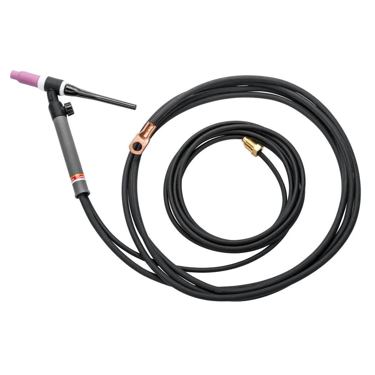A Lincoln PTA-17V TIG Torch with a long black cable, a pink ceramic nozzle, and metal connectors at each end is coiled neatly on a white background.