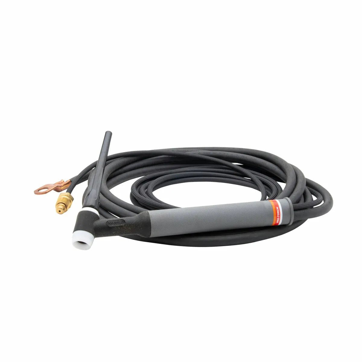 A black air-cooled TIG torch with a long, coiled cable, brass connector, and gray handle.