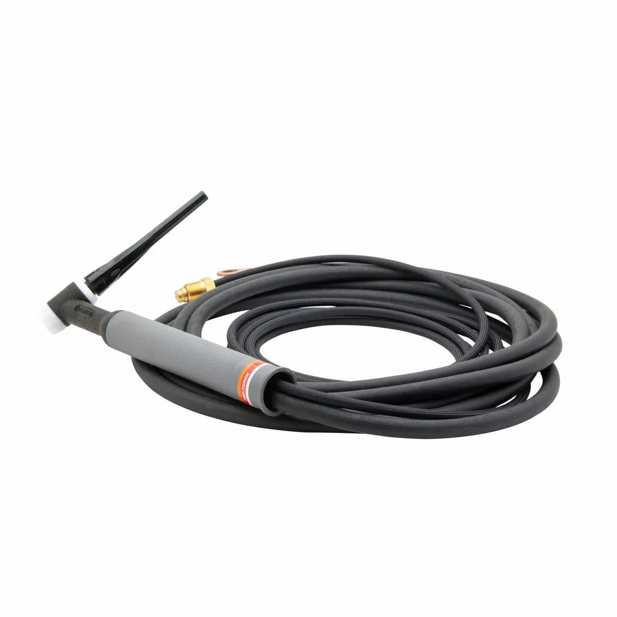 A coiled black air-cooled TIG torch with a gray handle and a long flexible black cable, featuring a brass connector at one end and a slim welding head at the other.