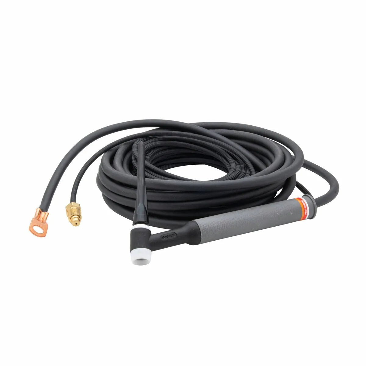 A coiled black Lincoln PTA-26 TIG Torch with a long hose, featuring a grey handle, brass connectors, and a ceramic nozzle at the end.